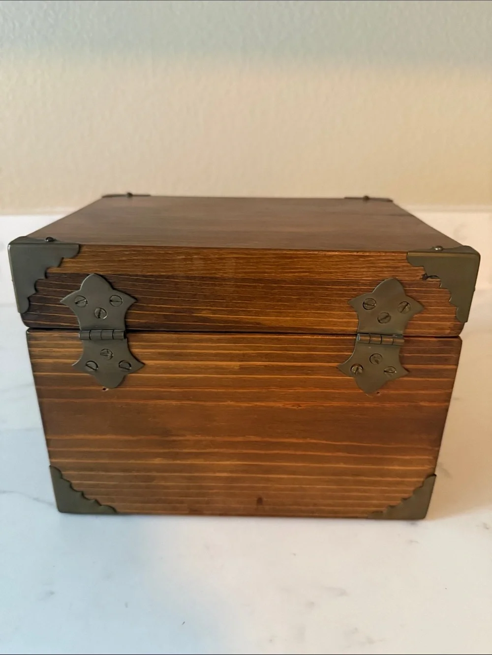 Vintage Wooden Box with Brass Accents and hinged lid